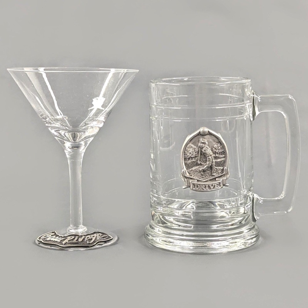 Beau Rivage Martini Glass and Golf Drive Beer Mug Set Glass Pewter Accents